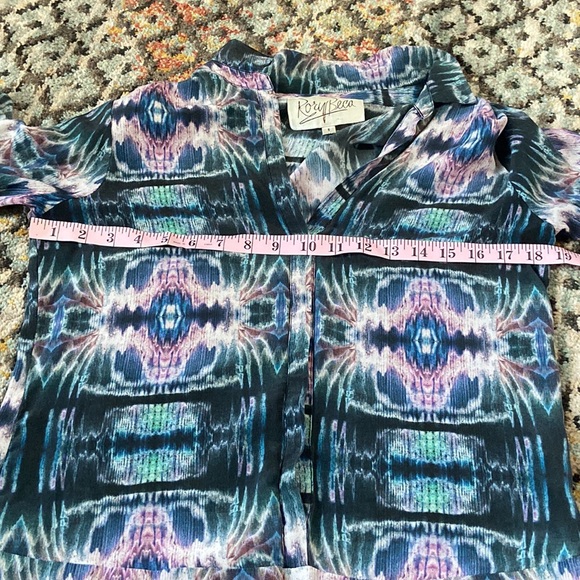 Rory Beca 100% Silk Tunic Top Teal Turquoise Purple Green Tie-Dye Marble Shirt - Picture 8 of 9